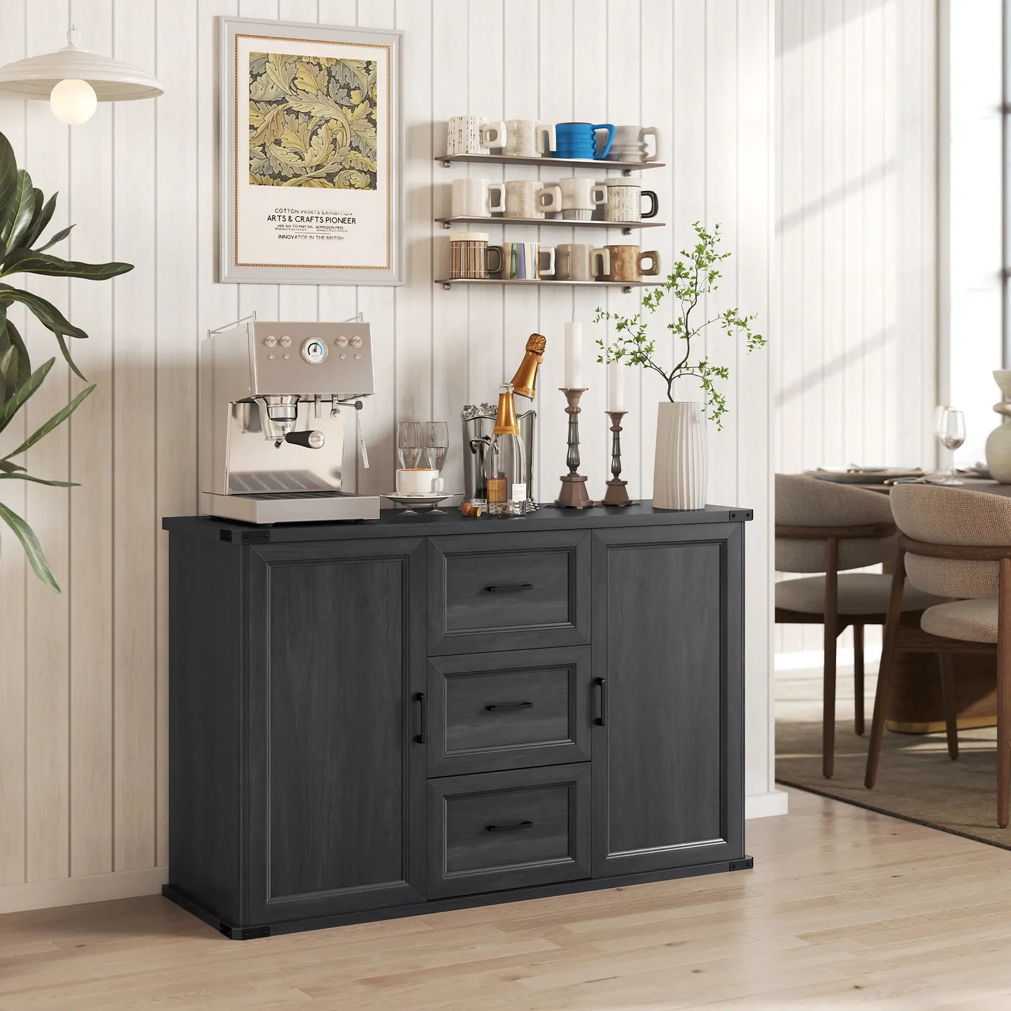 47" Sideboard With 3 Drawers, 2 Doors, Adjustable Shelves, Wood Grain, Black Storage Cabinets at Gallery Canada
