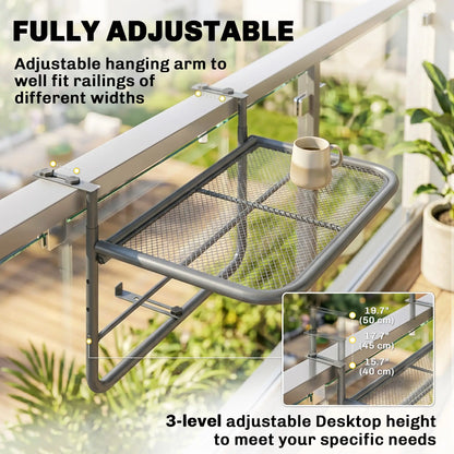 Table suspendue ajustable pour balcon, Bureau mural en métal, Support pour fleurs extérieur, Gris