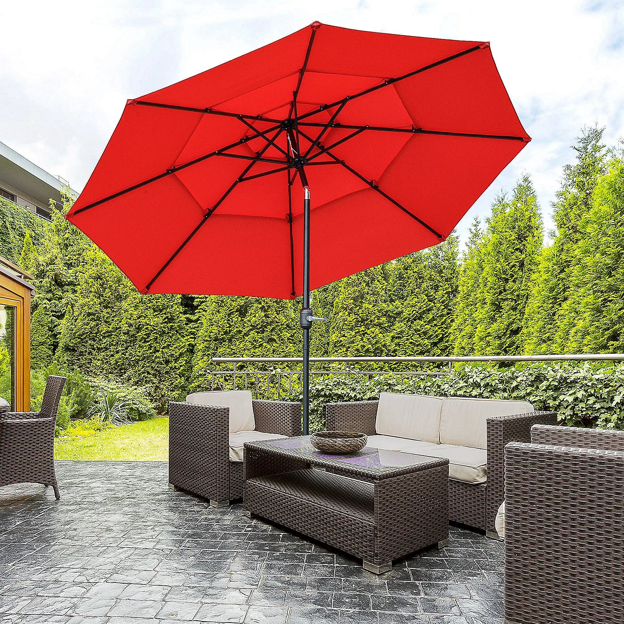 9FT 3 Tiers Patio Umbrella, Crank Push Button Tilt, Red Sun Umbrellas at Gallery Canada