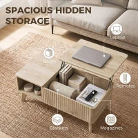 Table basse relevable cannelée de 40 pouces, rangement, chêne