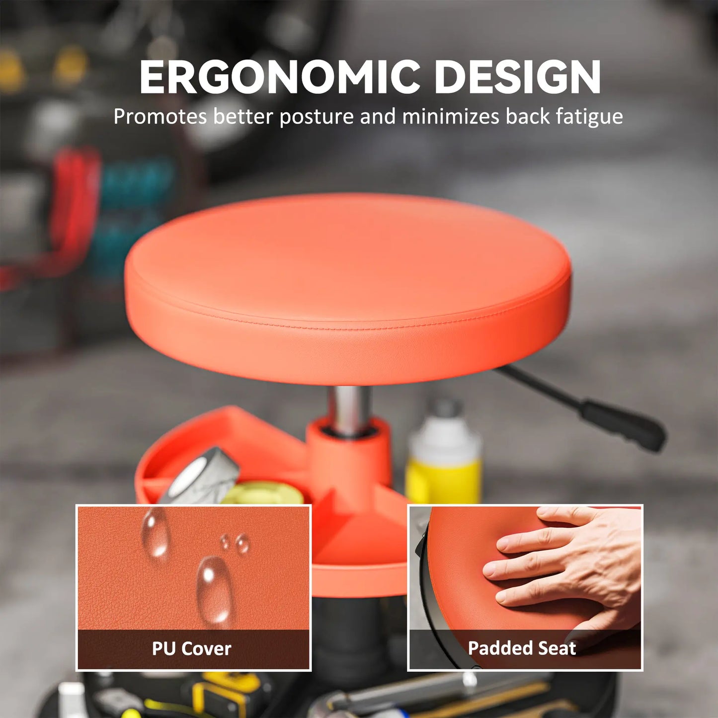 Rolling Garage Stool, 300 Lbs Capacity, Adjustable Height, Orange Automotive at Gallery Canada