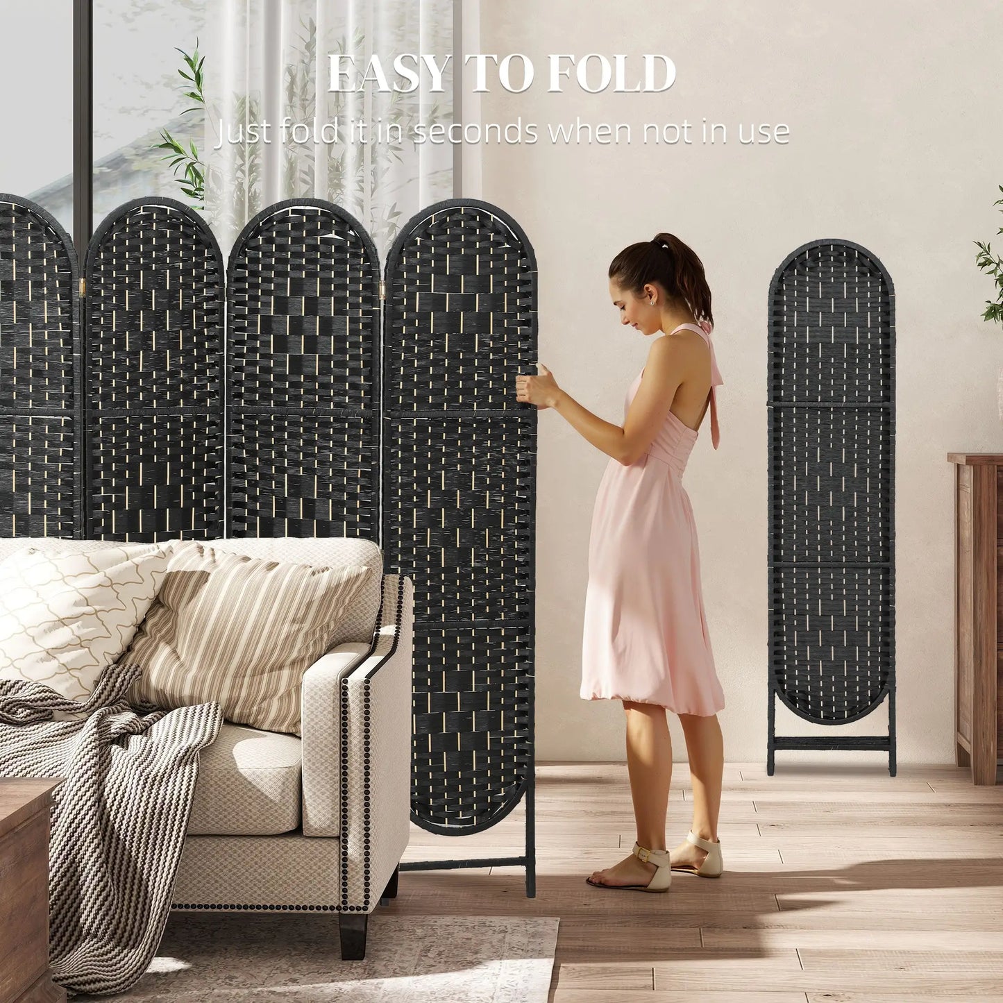 Bohemian Privacy Screen, 4 Panel Folding Room Divider, Arched Top, Black Room Dividers at Gallery Canada