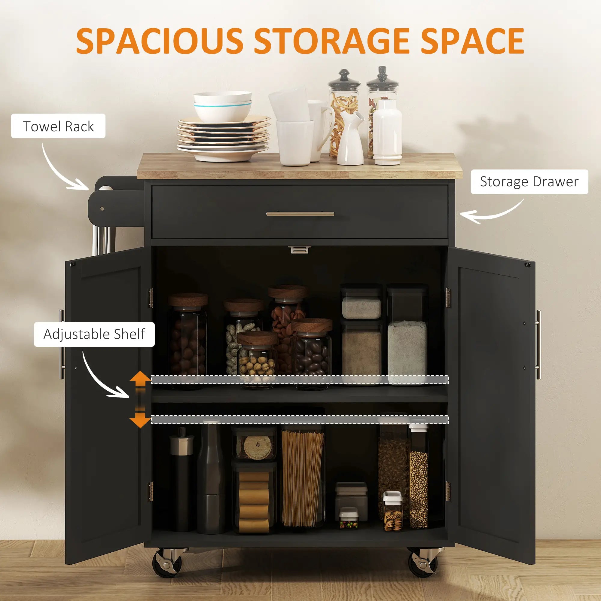 Rolling Kitchen Island Cart, Wood Top, Storage Drawer, Towel Bar, Shelves, Black Kitchen Islands & Kitchen Carts at Gallery Canada