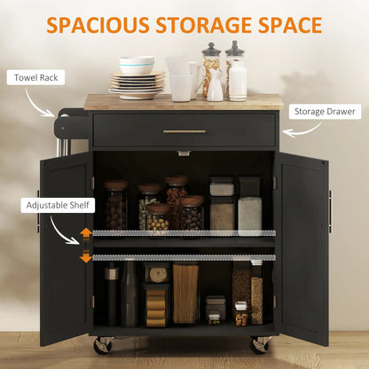 Rolling Kitchen Island Cart, Wood Top, Storage Drawer, Towel Bar, Shelves, Black Kitchen Islands & Kitchen Carts at Gallery Canada