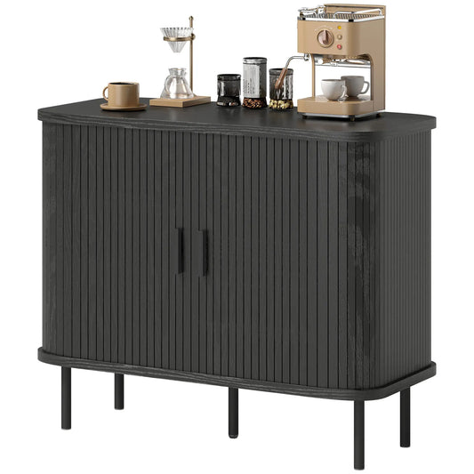 35.4" Sideboard Buffet Cabinet, Slatted Tambour Doors, Metal Legs, Black Storage Cabinets Black at Gallery Canada