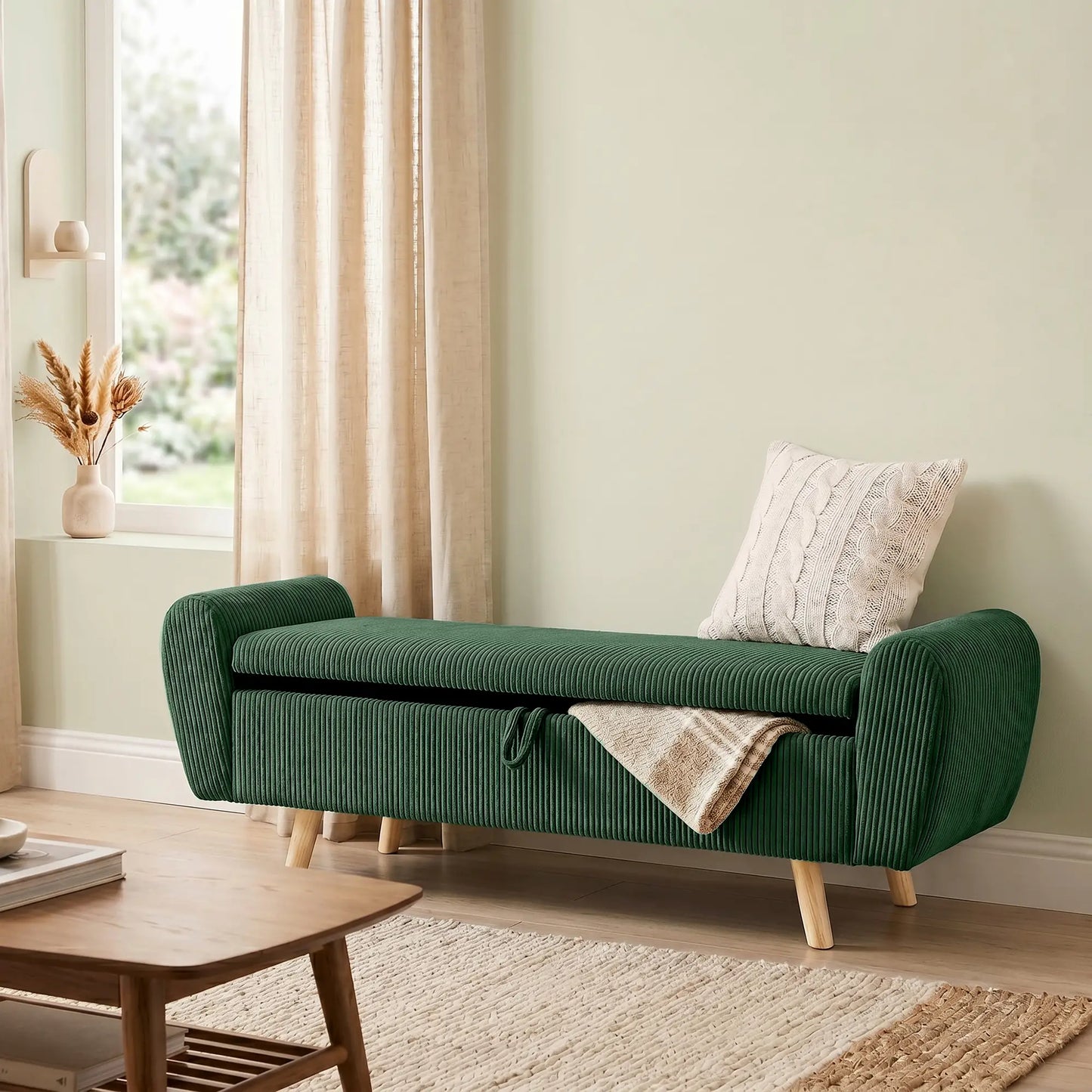 Ottomane de rangement, banc de lit en velours côtelé de 59", vert foncé