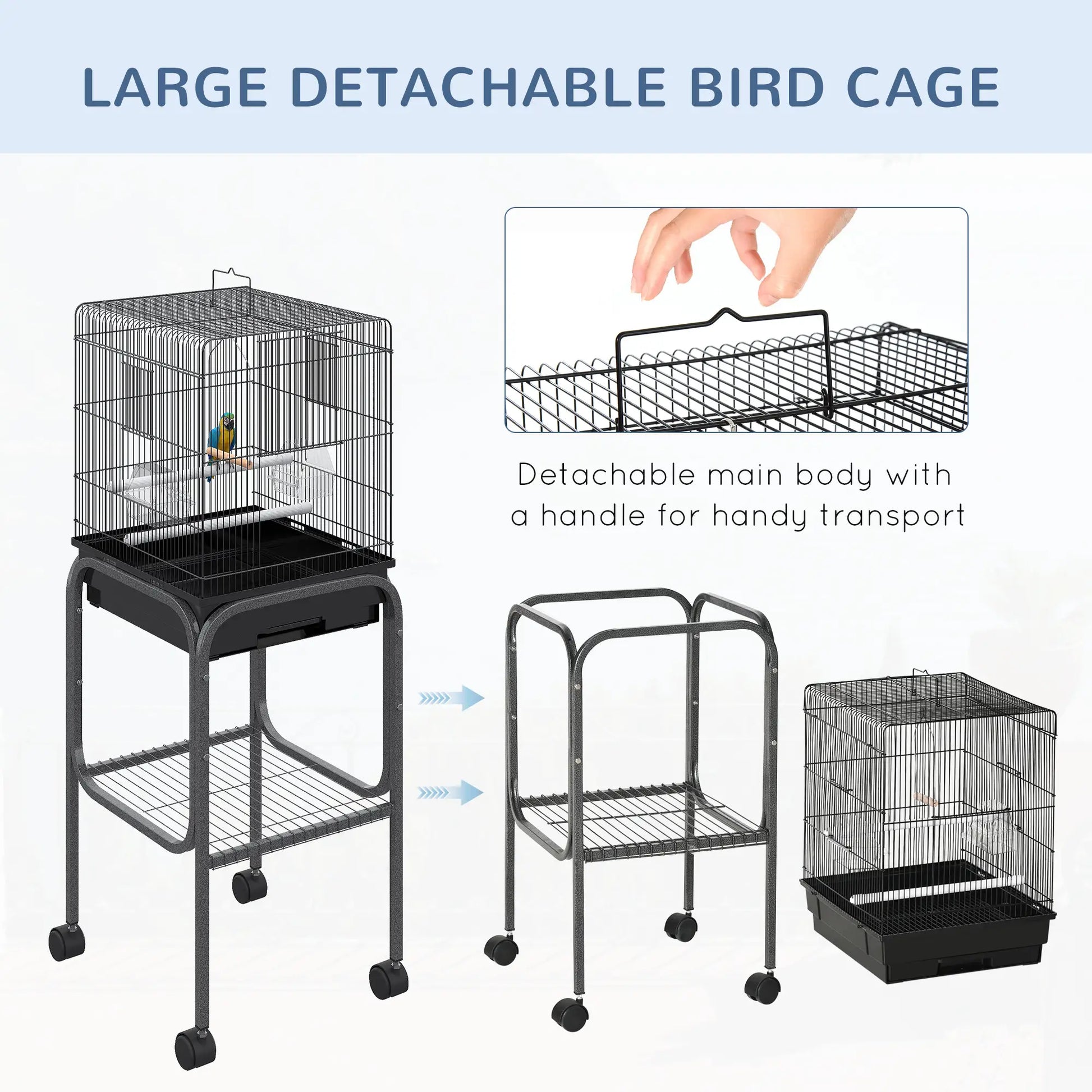 44.5"H Metal Bird Cage, Parrot Play Stand, Wheel, Storage Shelf, Black Bird Cages at Gallery Canada