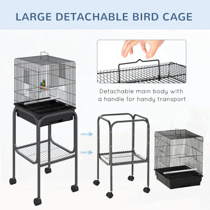 44.5"H Metal Bird Cage, Parrot Play Stand, Wheel, Storage Shelf, Black Bird Cages at Gallery Canada