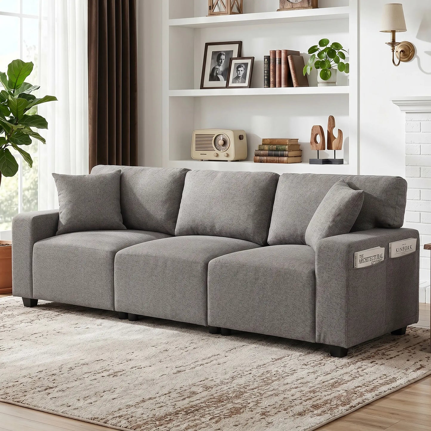 3-Seater Sofa With Storage Pockets, Grey