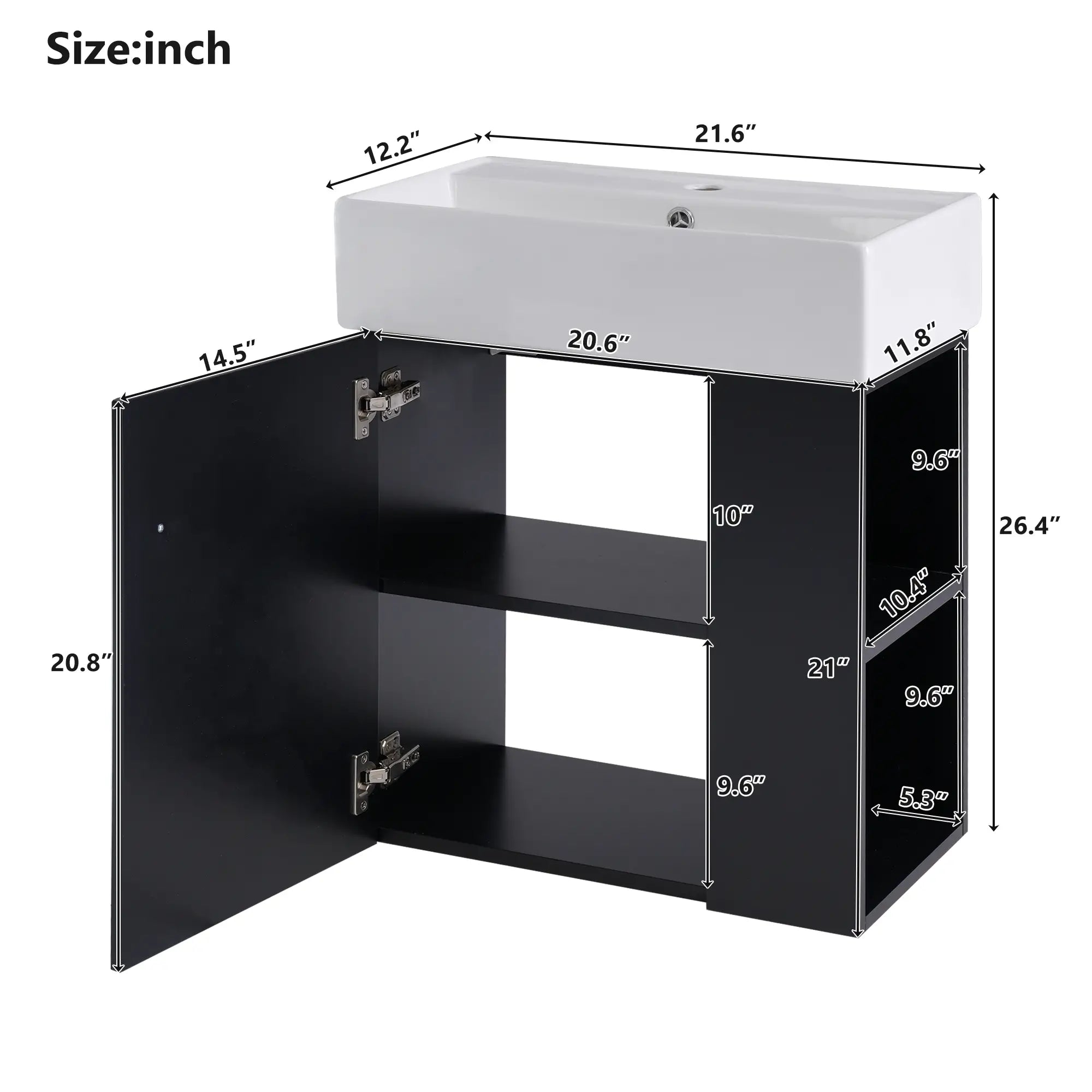 Floating Bathroom Vanity, Ceramic Basin, Right Storage, 21.5