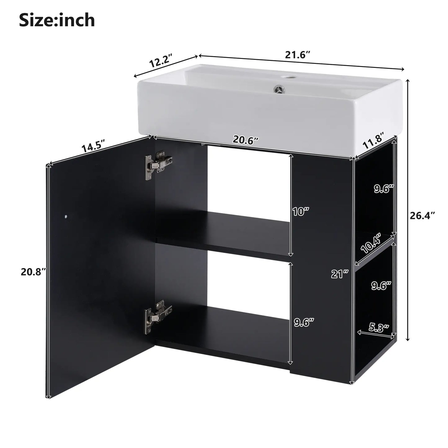 Floating Bathroom Vanity, Ceramic Basin, Right Storage, 21.5" L x 12" W x 26.5" H, Black+White Sink Cabinets at Gallery Canada