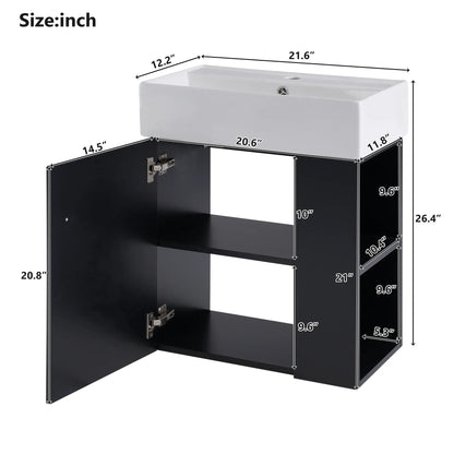 Floating Bathroom Vanity, Ceramic Basin, Right Storage, 21.5" L x 12" W x 26.5" H, Black+White Sink Cabinets at Gallery Canada