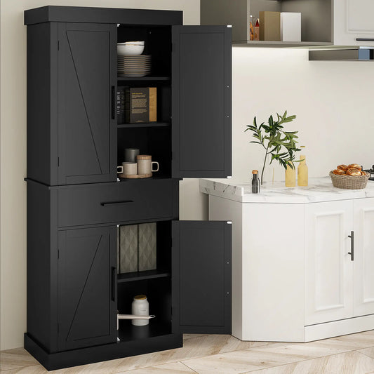 72" Kitchen Storage Cabinet, Farmhouse Pantry, 4 Barn Doors, Drawer, Adjustable Shelves, Black Kitchen Pantry Cabinets Black at Gallery Canada
