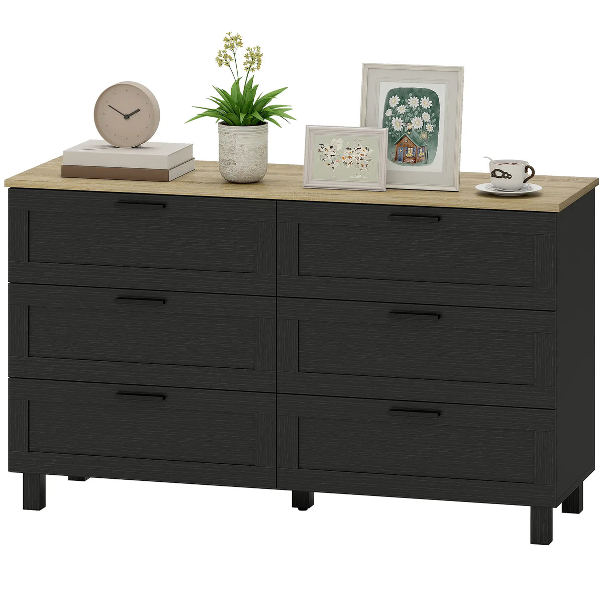 47" Wide Chest Of Drawers, Modern Dresser, 6 Drawers, Wood Legs, Black Storage Cabinets Black Wood Grain, Natural at Gallery Canada