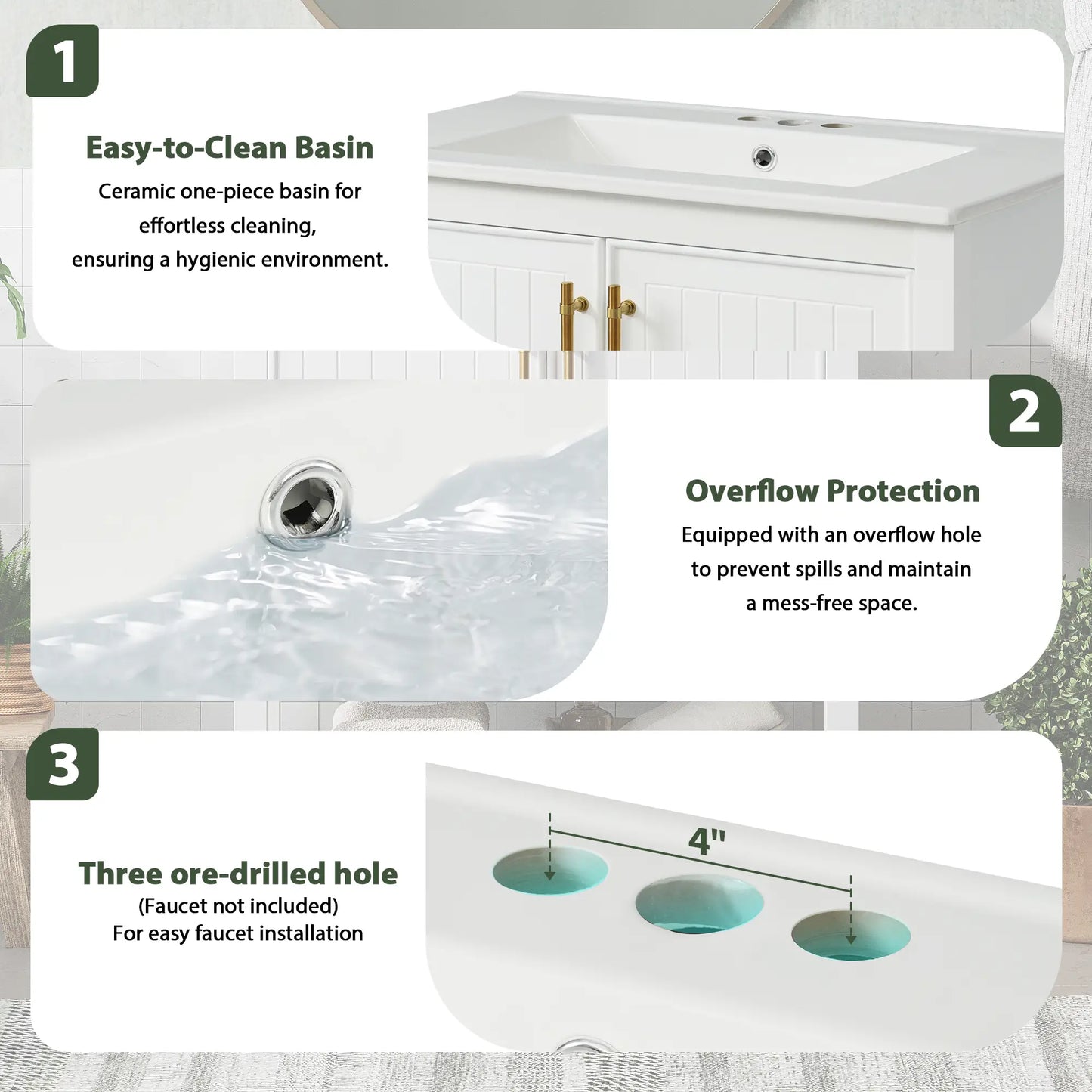 Bathroom Vanity with Ceramic Sink, Gold Handles, Soft Close Doors, 30" L x 18.5" W x 34" H, White Sink Cabinets at Gallery Canada