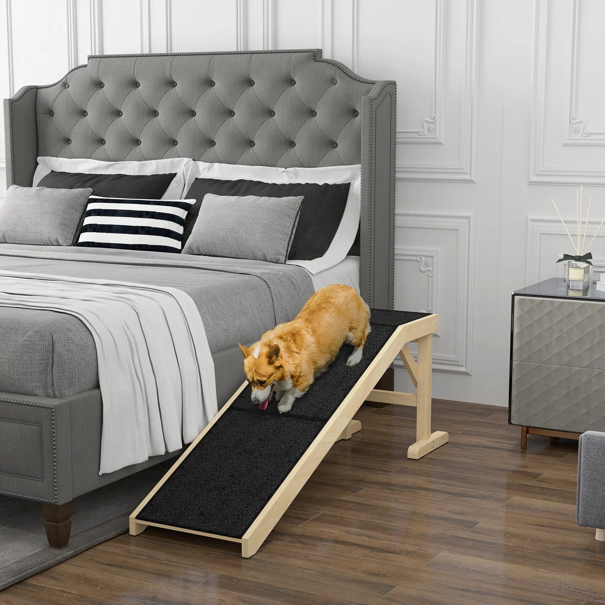 Pet Ramp Bed Steps for Dogs Cats, Non-Slip Carpet Top, 59"L x 16"W x 20"H, Natural Wood Dog Stairs at Gallery Canada