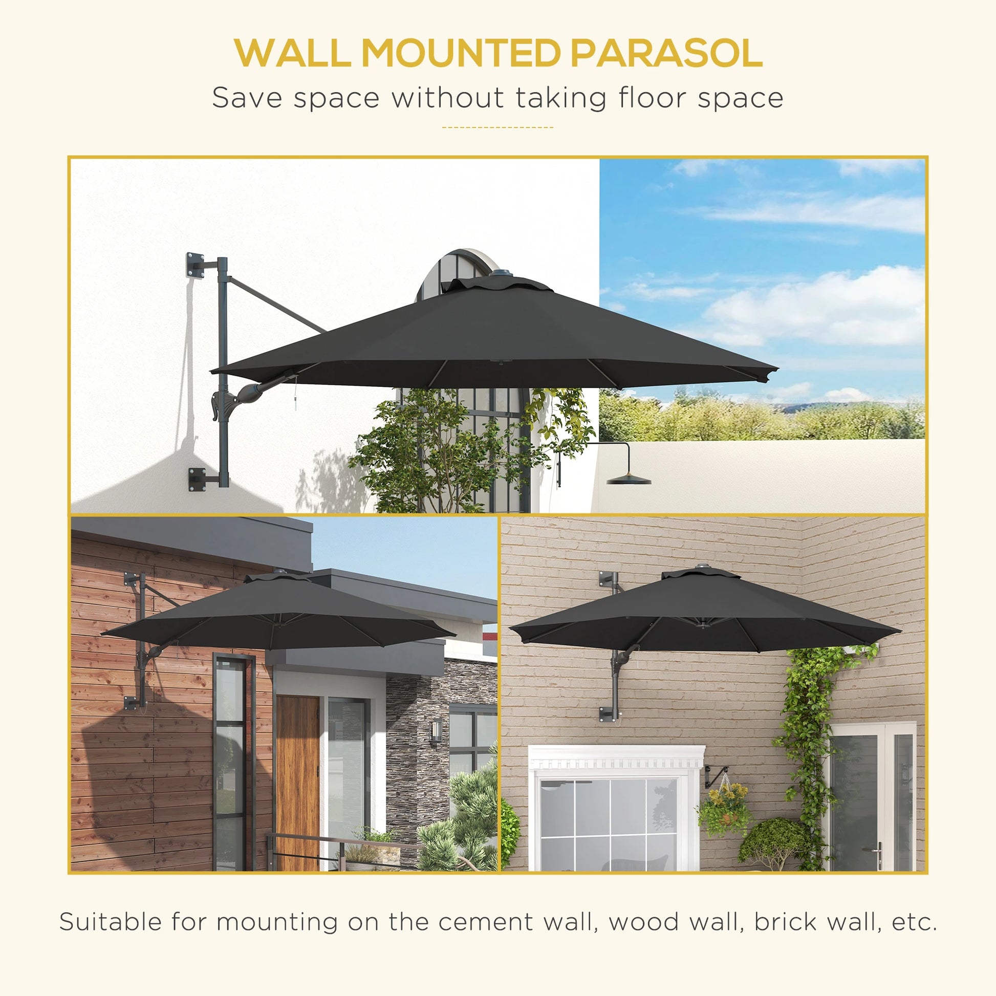 9.6 x 9.6 ft Wall Mounted Umbrella, Rotating Patio Parasol, Charcoal Grey Sun Umbrellas at Gallery Canada