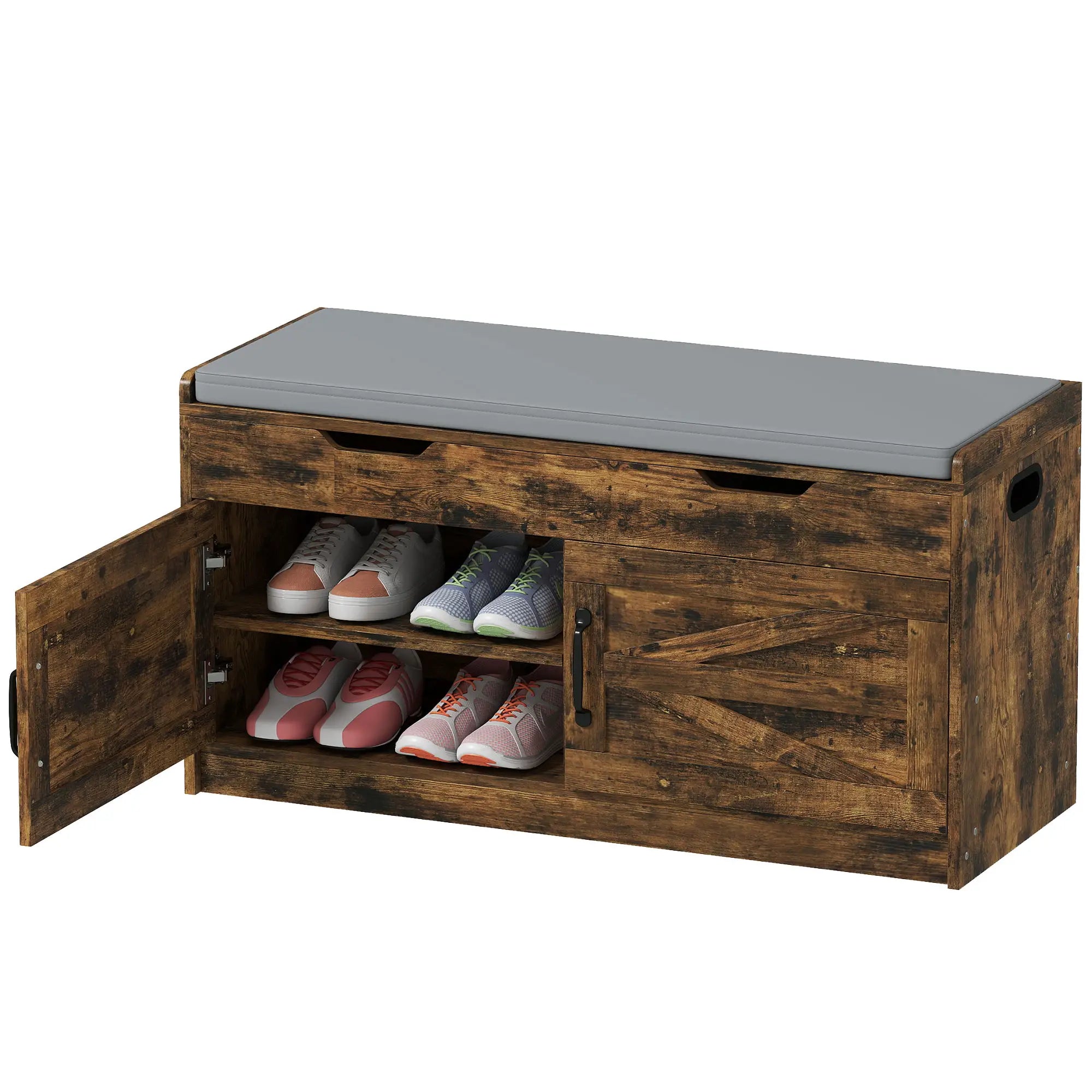 Shoe Storage Bench, 2-Tier Cabinet, Flip-Top, Padded Cushion, Rustic Brown Shoe Storage Cabinets & Racks Rustic Brown, Black at Gallery Canada