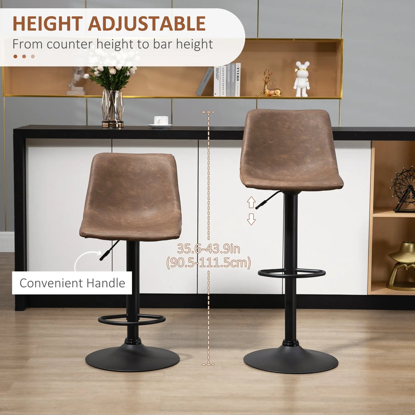 Adjustable Counter Height Bar Stools, Set of 2, 360° Swivel, Vintage Leather, Brown Bar Stools at Gallery Canada