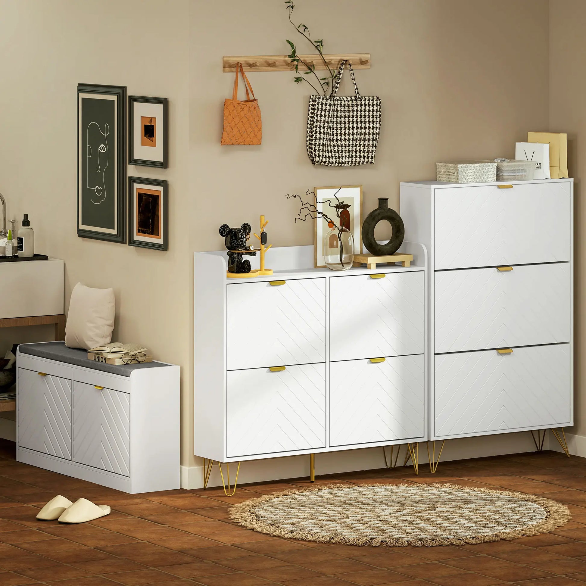 Modern Shoe Storage Cabinet, 3 Flip Drawers for 18 Pairs, Narrow, White Shoe Storage Cabinets & Racks at Gallery Canada