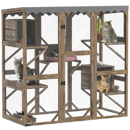 Wooden Catio Outdoor, Waterproof Cover, 5 Platforms, 59" x 28" x 59", Brown Outdoor Cat Enclosures at Gallery Canada