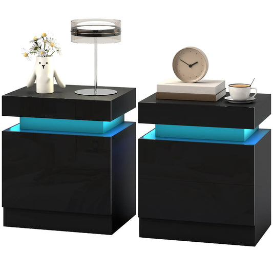 Nightstand Set of 2, End Tables with LED Lights, 2 Drawers, Black