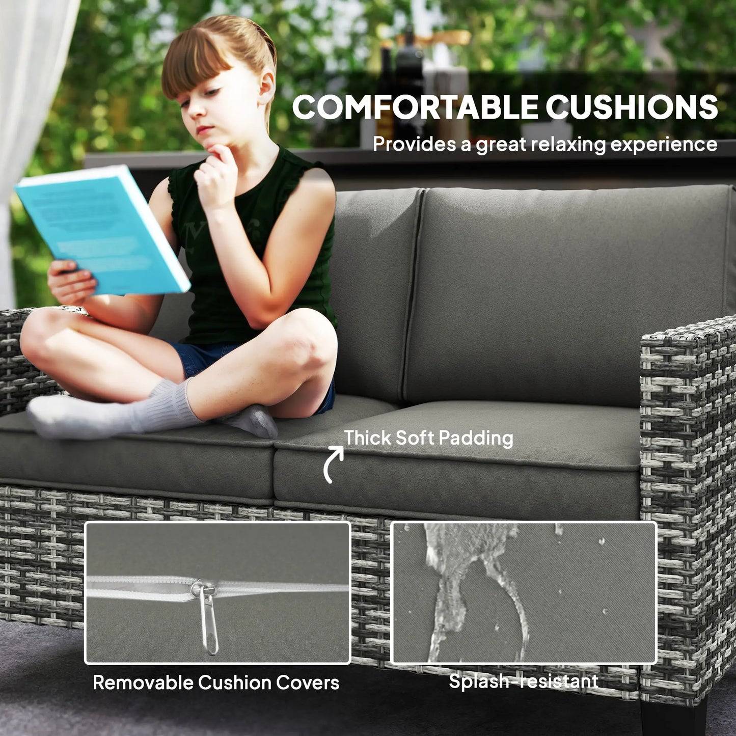 2 Seater Rattan Outdoor Sofa with Cushions, Dark Grey Patio Furniture Sets at Gallery Canada