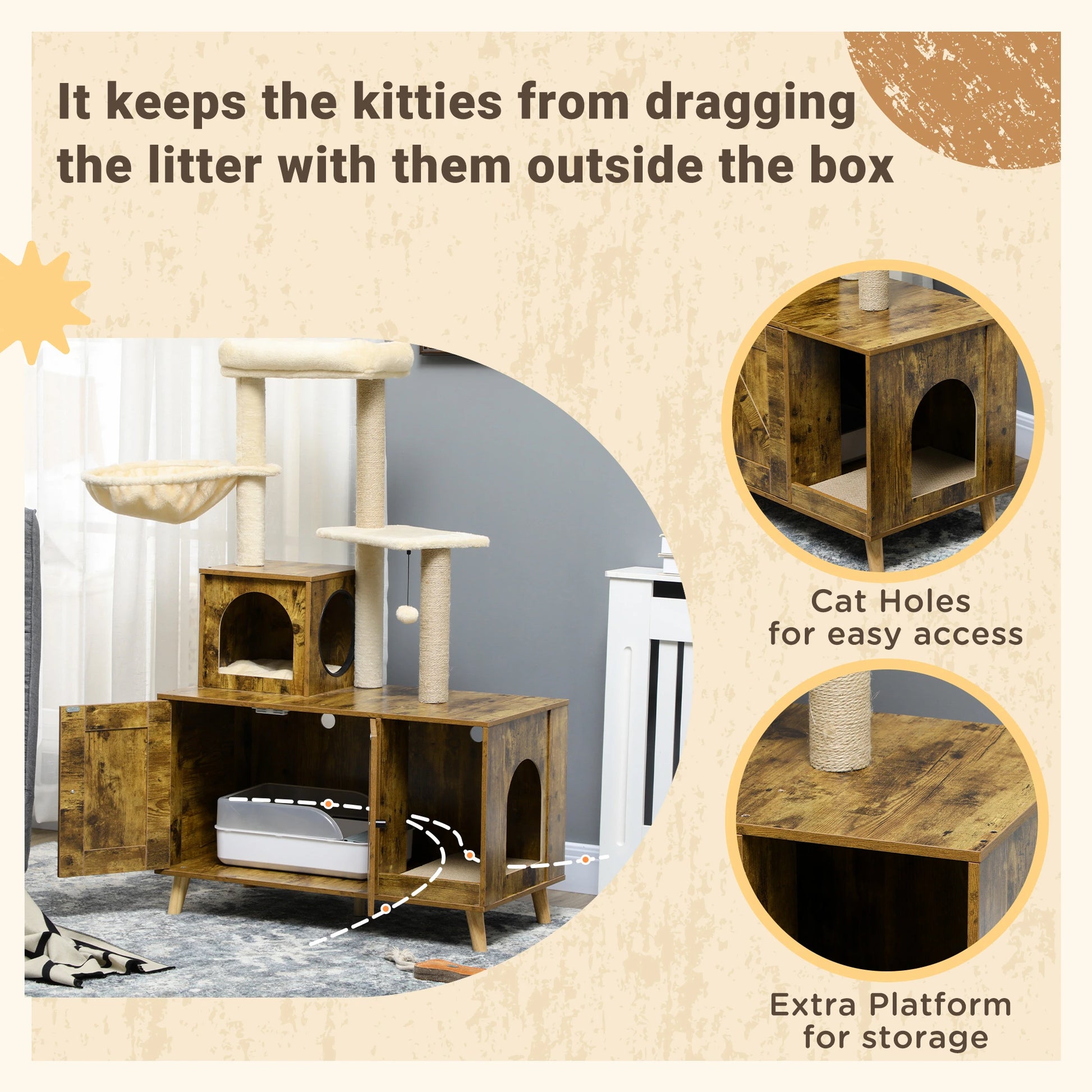 Litter Box Enclosure, Cat Tree Tower, Hidden Washroom Furniture, Rustic Brown Cat Litter Box Enclosures at Gallery Canada