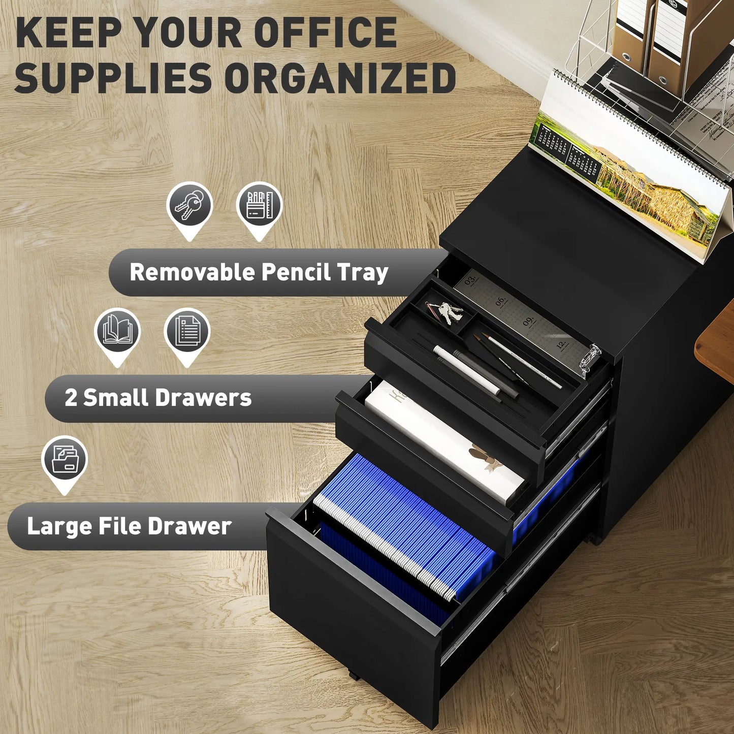 3 Drawer Filing Cabinet with Lock, Steel Office Storage, Black Office Cabinets & Cupboards at Gallery Canada