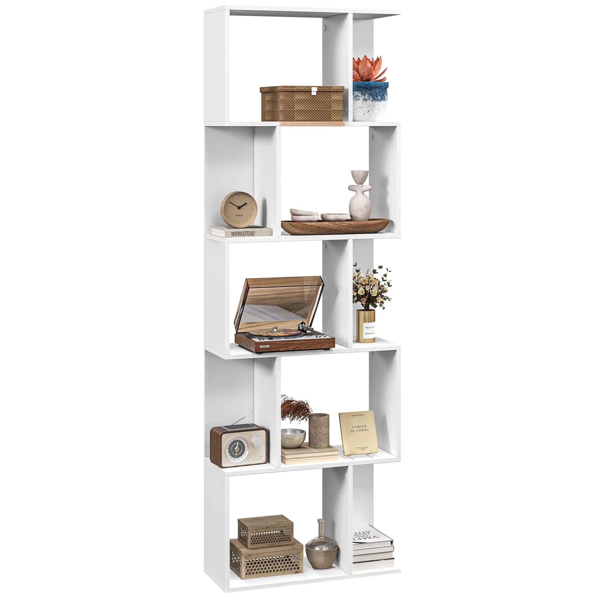 5-Tier Geometric Bookshelf, S Shaped Bookcase, White Display Bookshelves at Gallery Canada