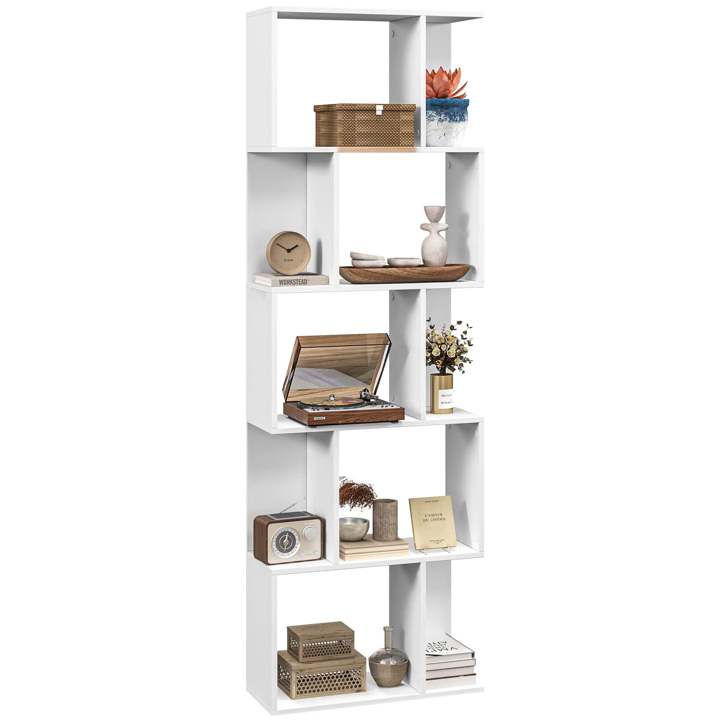 5-Tier Geometric Bookshelf, S Shaped Bookcase, White Display Bookshelves at Gallery Canada