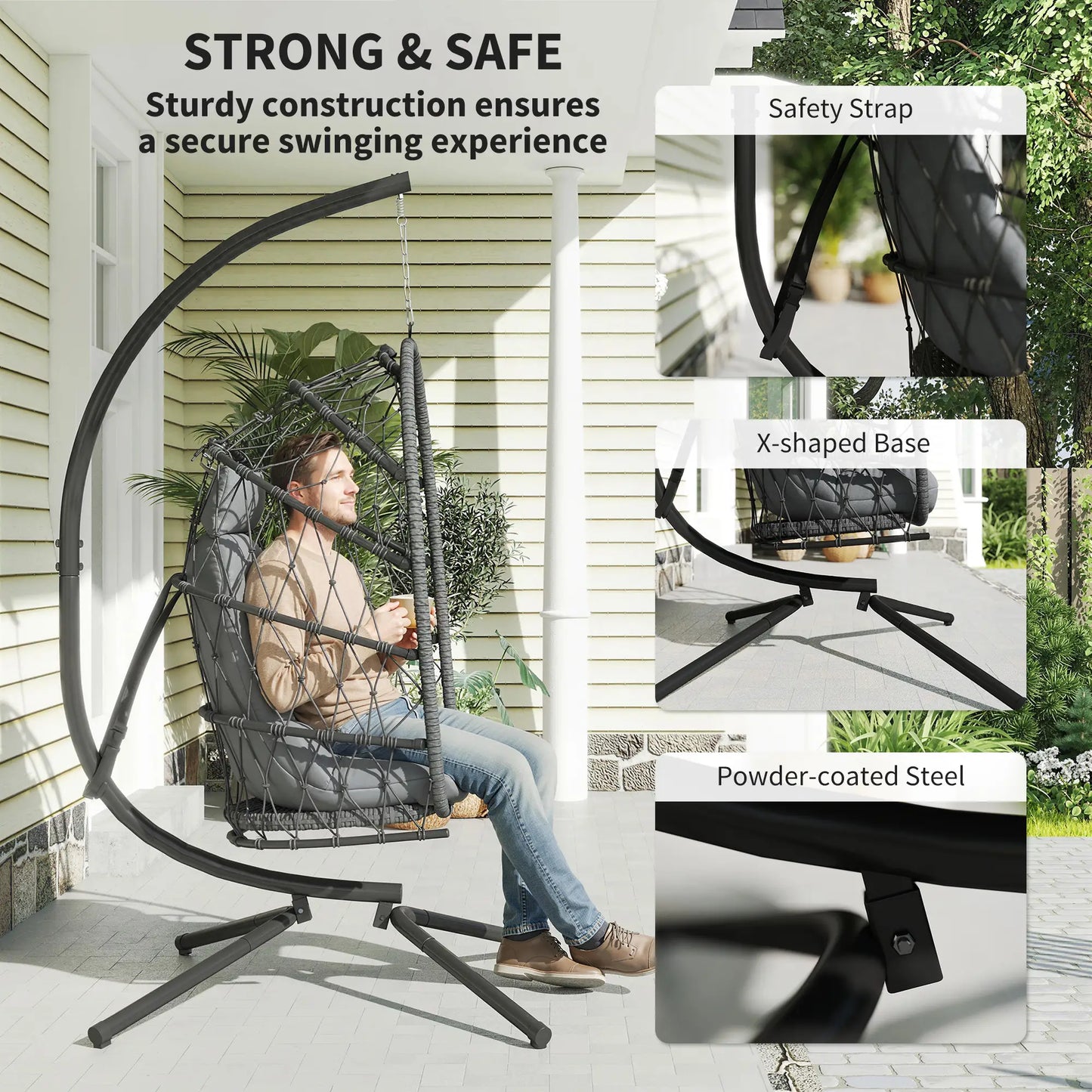 Chaise Œuf Suspendue, Balançoire en Rotin Tressé Pliable, Gris