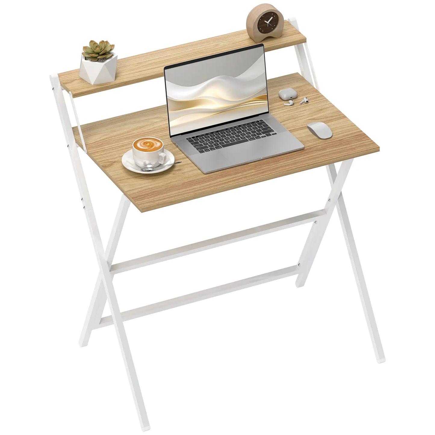 32" Folding Computer Desk with Monitor Shelf, Natural Wood Office Desks & Work Stations at Gallery Canada
