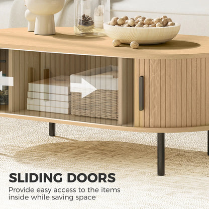 Coffee Table with Sliding Tambour Doors and Storage Center Table with Metal Legs, 39", Natural