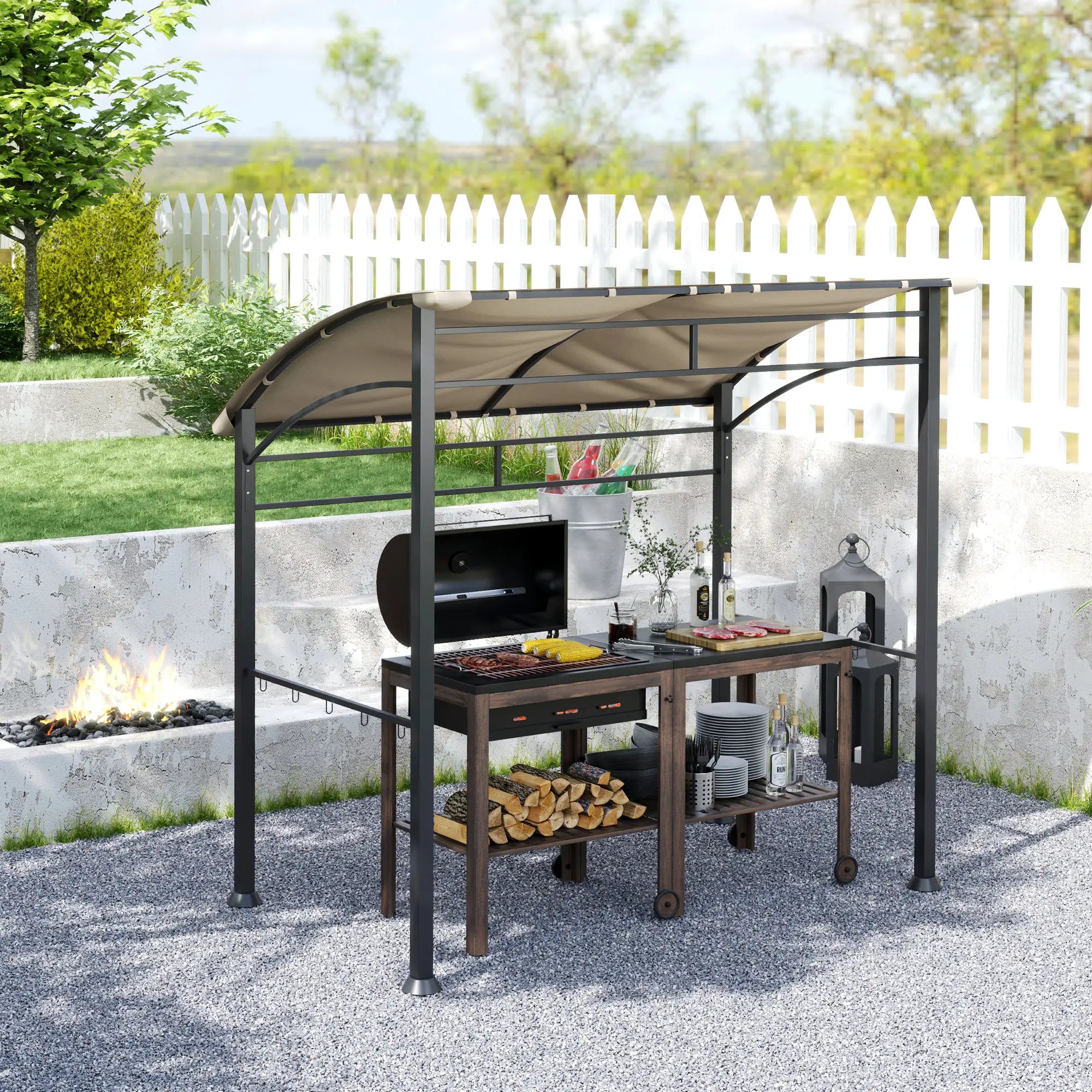 7' x 5' BBQ Grill Gazebo Tent, Steel Frame, Hooks, Khaki BBQ Grill Gazebos at Gallery Canada