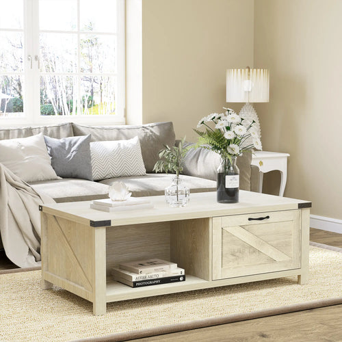 Industrial Coffee Table with Drawer, Open Shelf, White Oak, White