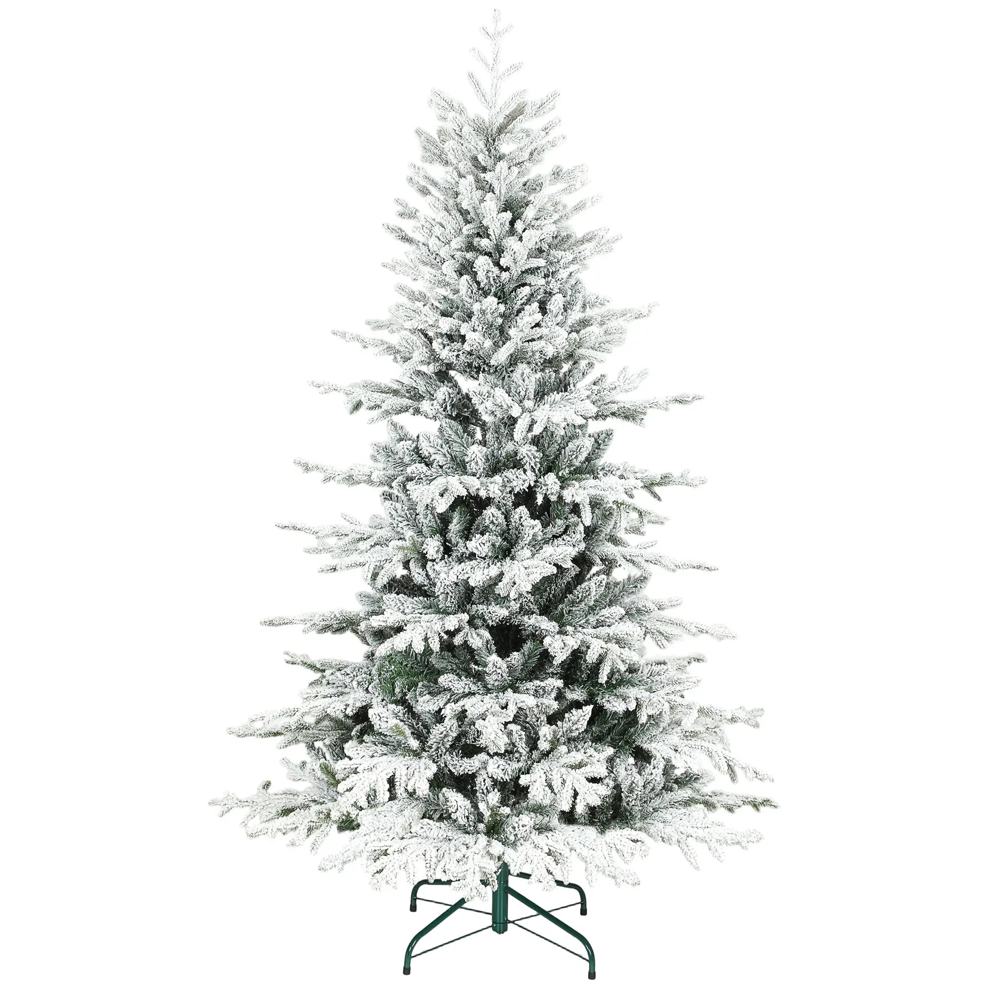 6ft Artificial Flocked Christmas Tree, Full Snow Pine, Hinged with Metal Stand Artificial Christmas Trees Green, White at Gallery Canada