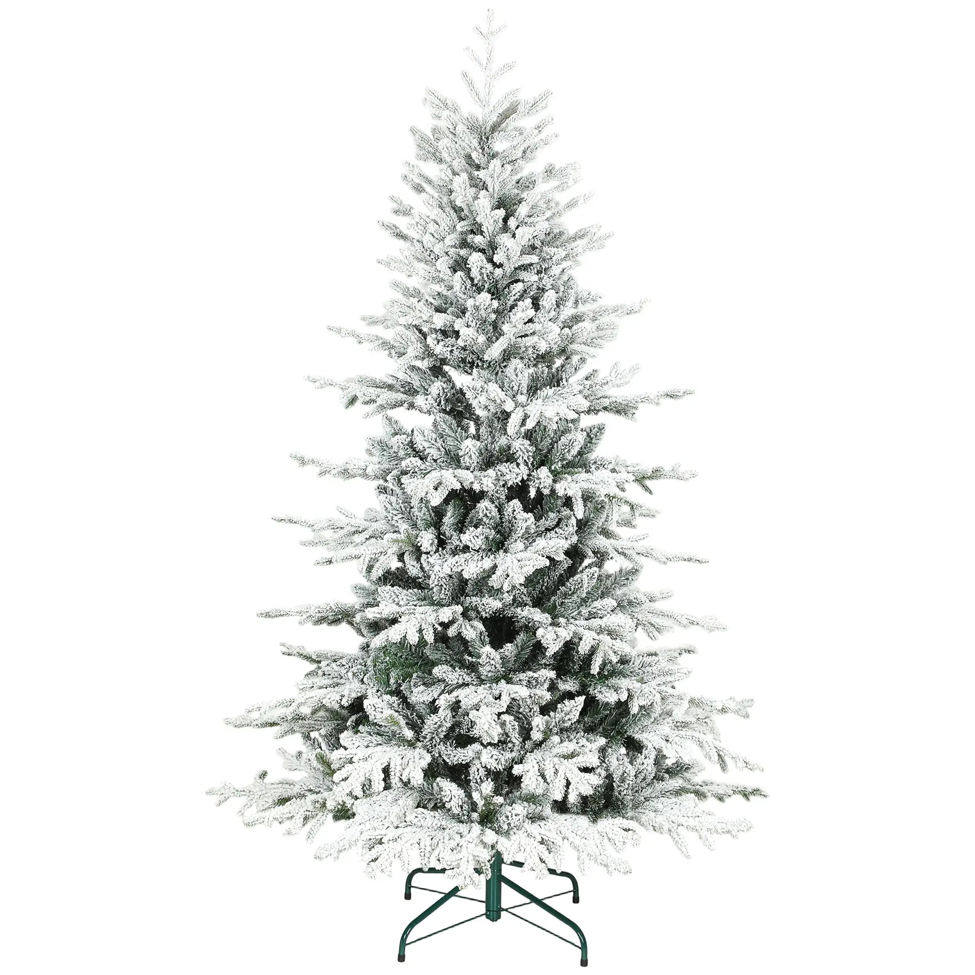 6ft Artificial Flocked Christmas Tree, Full Snow Pine, Hinged with Metal Stand Artificial Christmas Trees Green, White at Gallery Canada