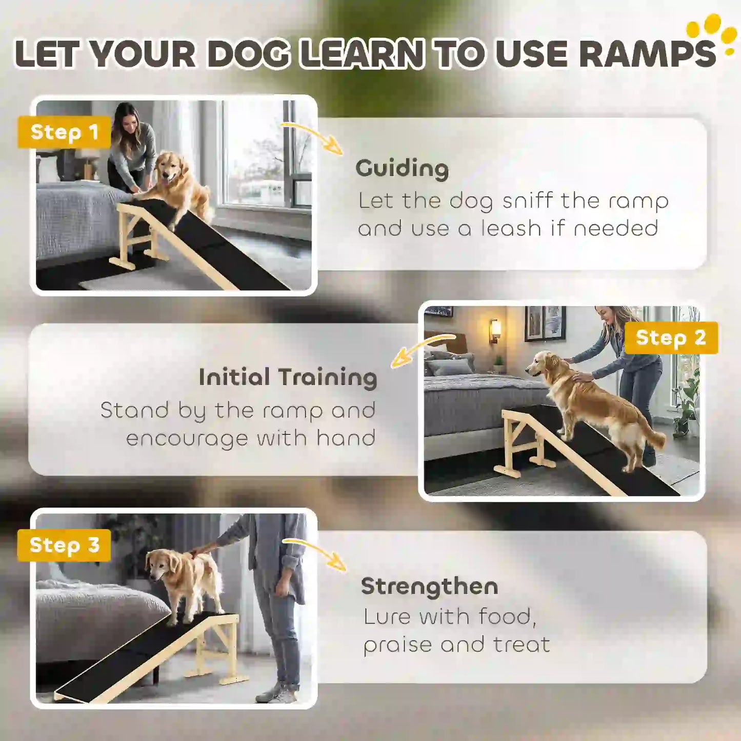Pet Ramp Bed Steps for Dogs Cats, Non-Slip Carpet Top, 59"L x 16"W x 20"H, Natural Wood Dog Stairs at Gallery Canada