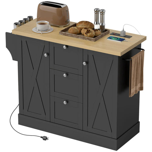 Farmhouse Kitchen Island Cart with Power Outlet, 49 Inch, Black