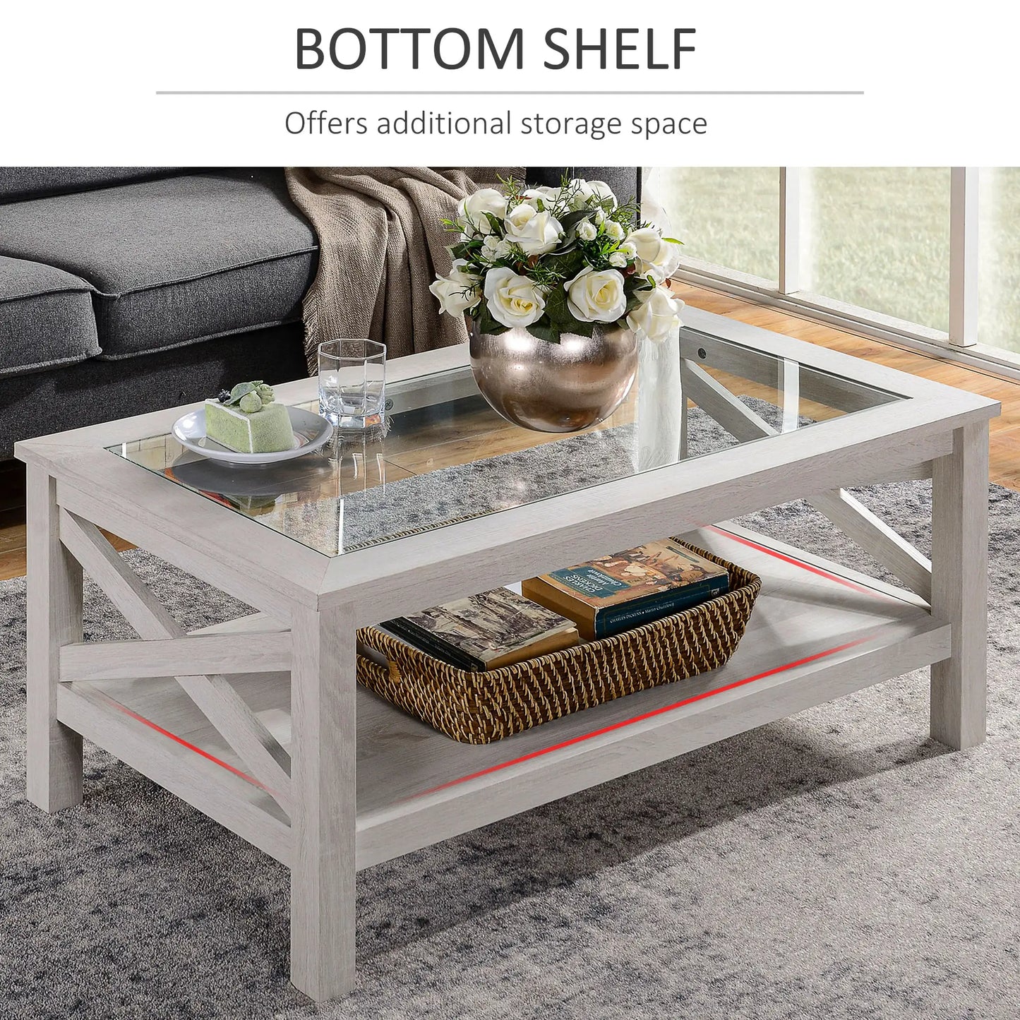 Farmhouse Coffee Table, Tempered Glass Top, 2-Tier with Storage Shelf Coffee Tables at Gallery Canada