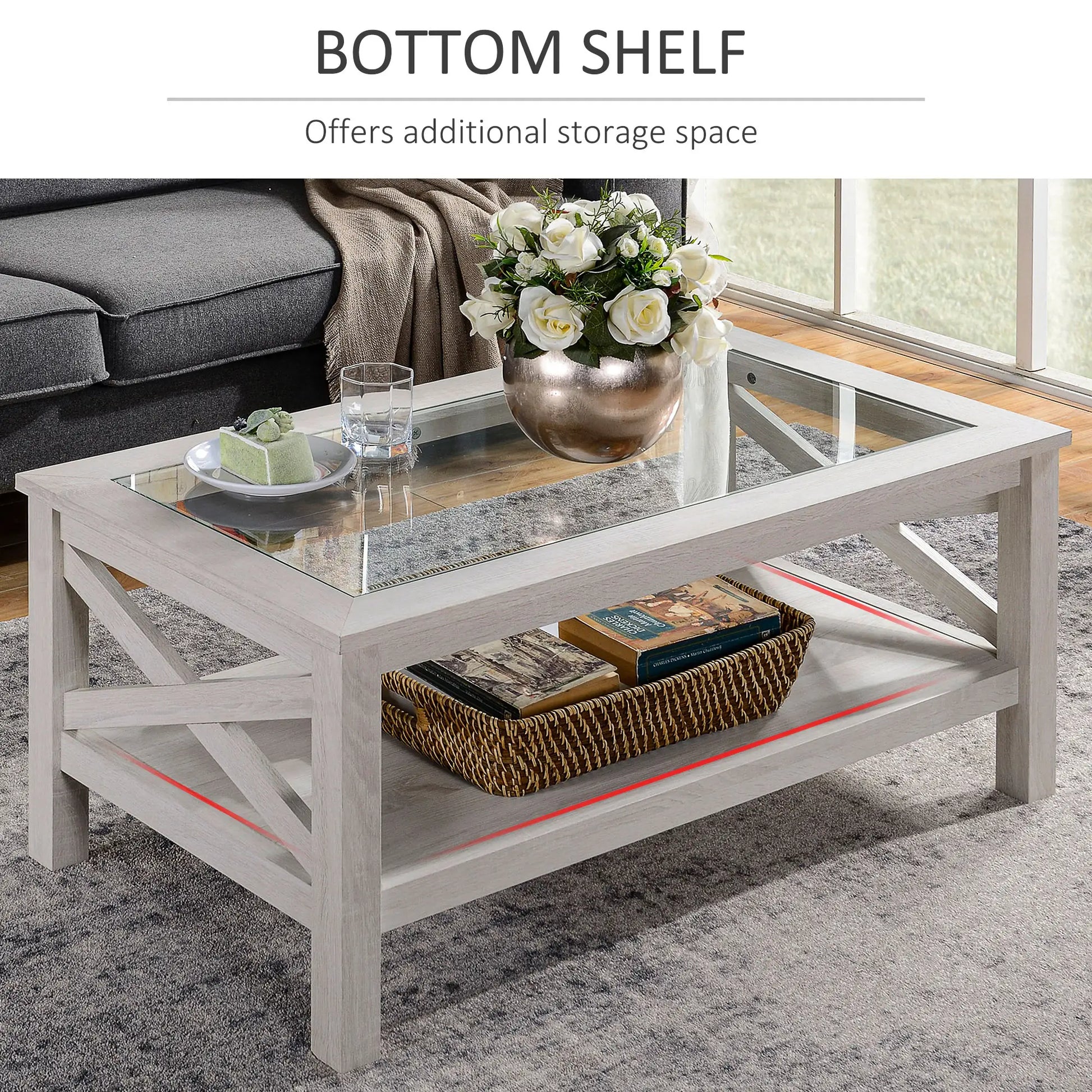 Farmhouse Coffee Table, Tempered Glass Top, 2-Tier with Storage Shelf Coffee Tables at Gallery Canada
