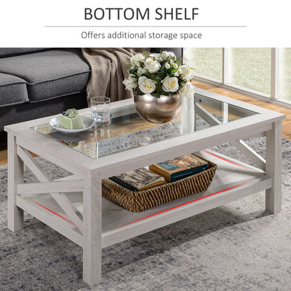 Farmhouse Coffee Table, Tempered Glass Top, 2-Tier with Storage Shelf Coffee Tables at Gallery Canada