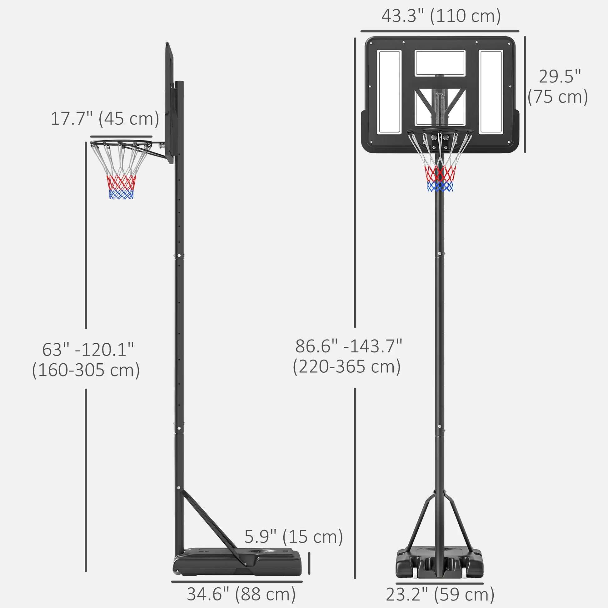 Height Adjustable Basketball Hoop Stand, 5ft-10ft, Portable with Wheels, 43" Backboard Basketball at Gallery Canada