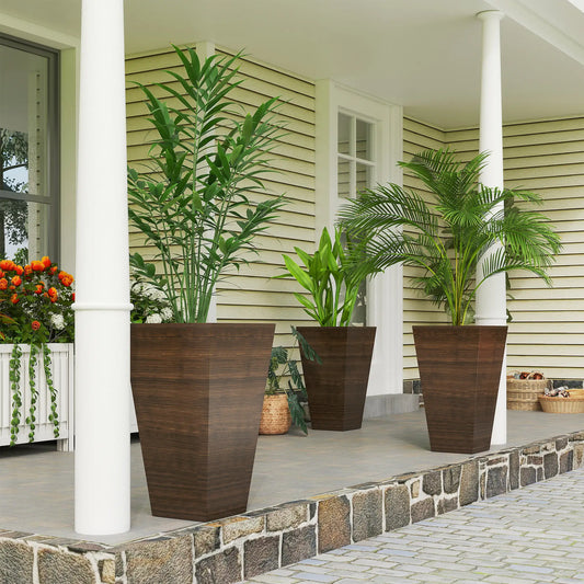 Tall Planter Set Of 3, 28 Inch Taper Planter With Drainage Holes, Brown Planter Set Brown Wood Effect at Gallery Canada