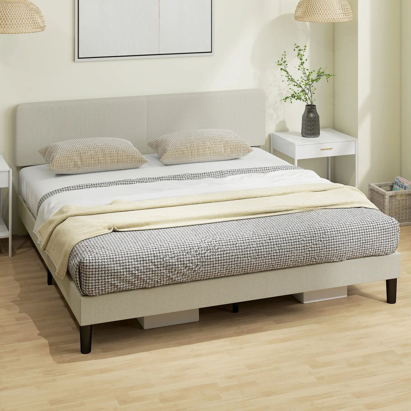 King Size Bed Frame, Adjustable Upholstered Headboard, Wood Slat Support, Light Grey Bed Frames at Gallery Canada