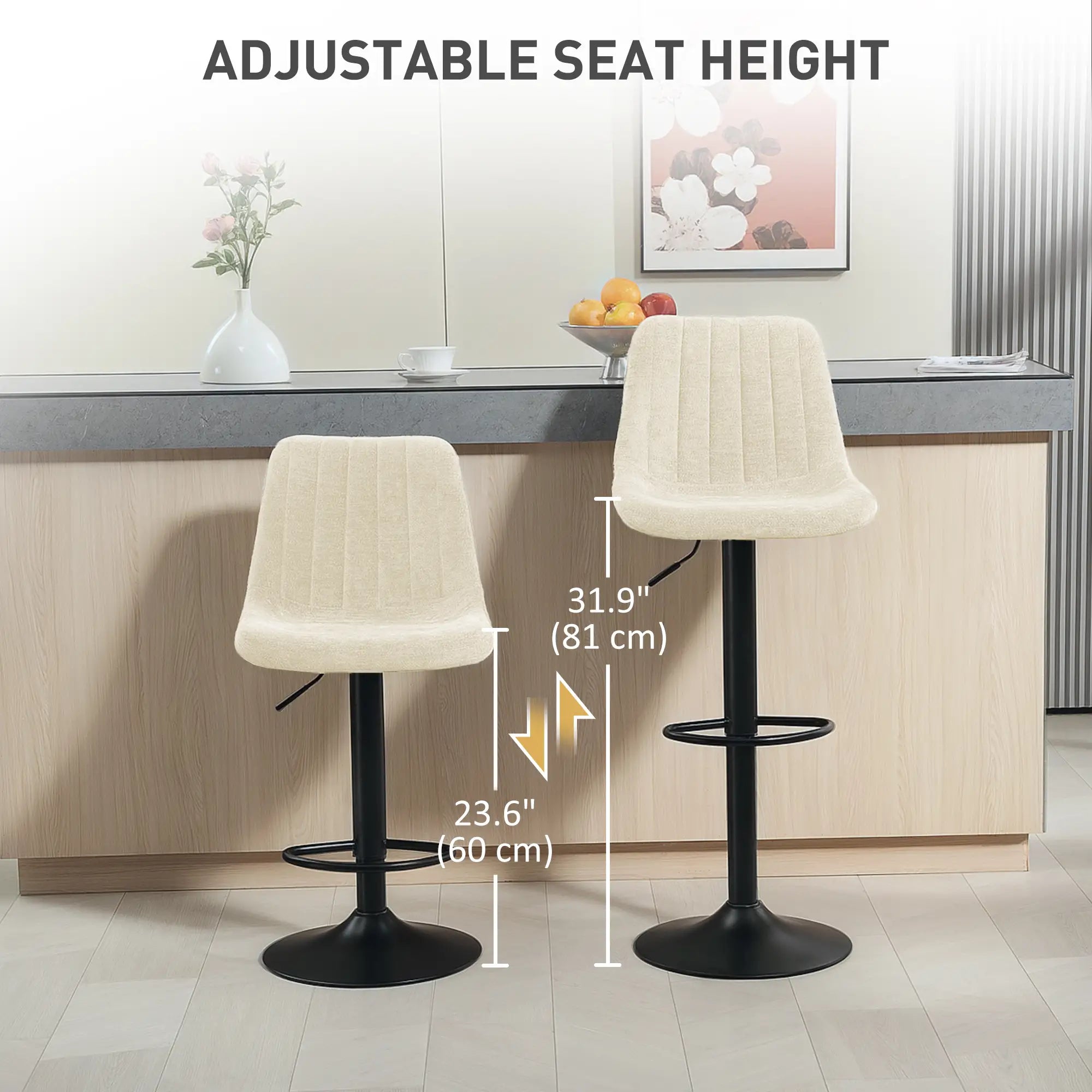 Adjustable Barstools Set of 2, Swivel with Back, Footrest, Beige Bar Stools at Gallery Canada