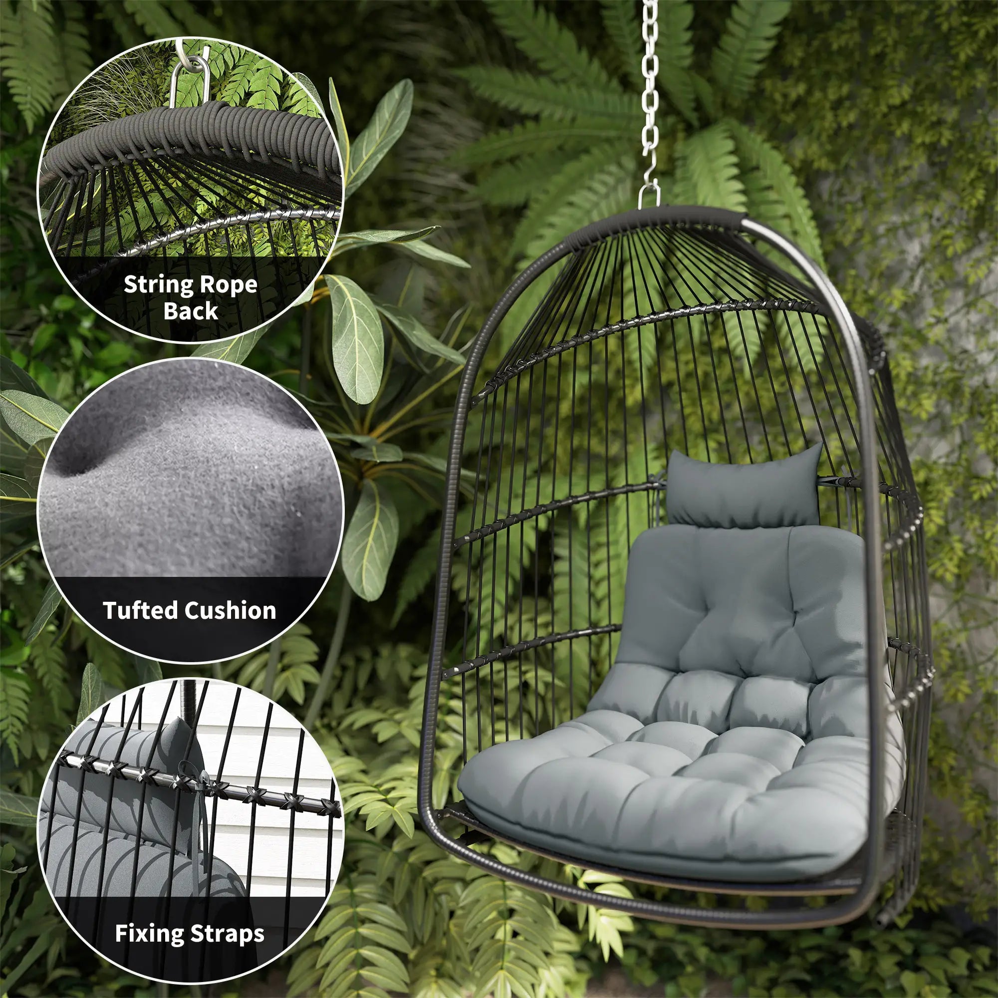 Hanging Egg Chair, Foldable Rattan Garden Swing, Dark Grey Patio Chairs at Gallery Canada