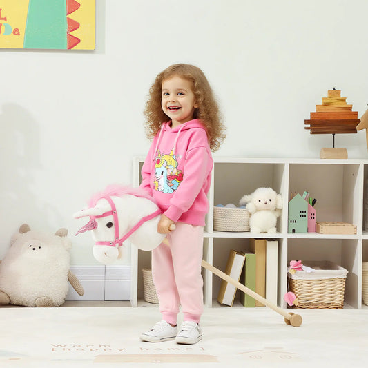 Unicorn Stick Horse, Plush with Wood Wheels, Neighing Sounds, White Rocking Horses White at Gallery Canada