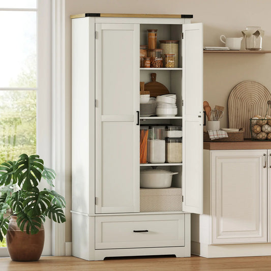 69" Tall Farmhouse Pantry Cabinet, 2 Doors, Drawer, Cream White Kitchen Pantry Cabinets Cream at Gallery Canada